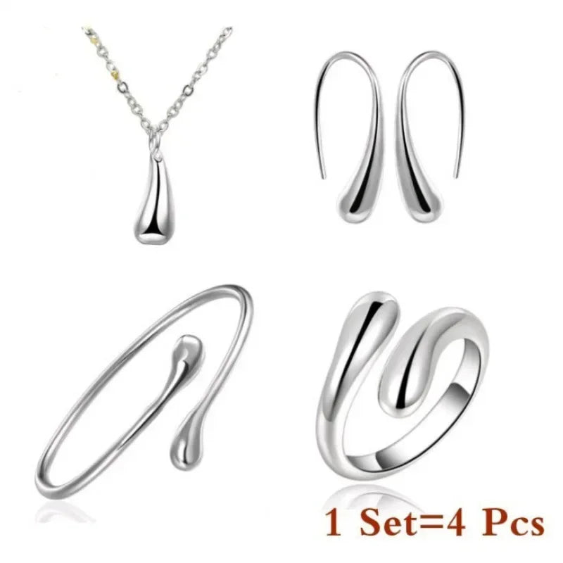 4PC Fashion Jewelry Set with Simple Rings Teardrop Necklace Bracelet and Earrings for Women