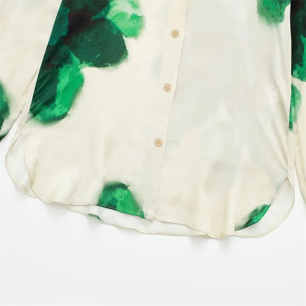 Autumn Women's Casual Loose Collar Long Sleeve Printed Shirt and High Waist Wide Leg Pants Set