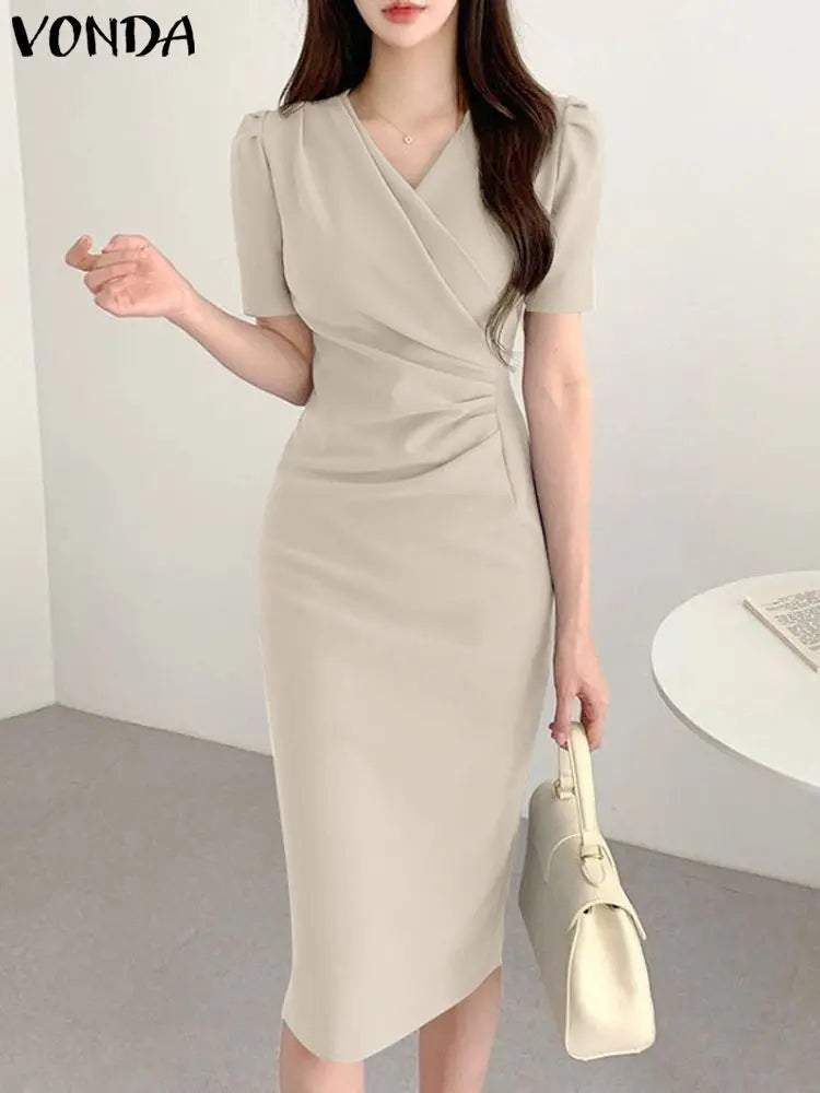 Elegant Women Office Dress V Neck Solid Color Short Sleeve