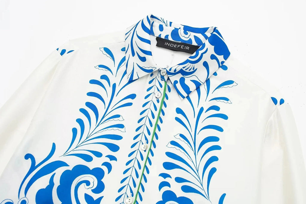 Women's Vintage Printed Casual Set with Long Sleeve Blouse and Straight Leg Pants