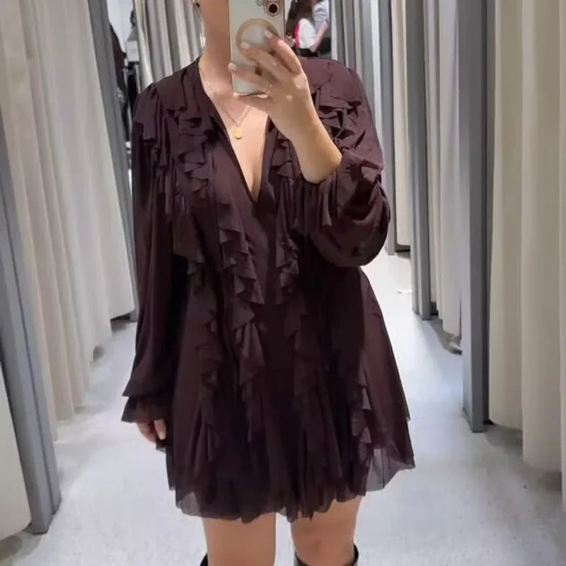 Ruffle Long Sleeve Vintage Party Dress Pleated Mini