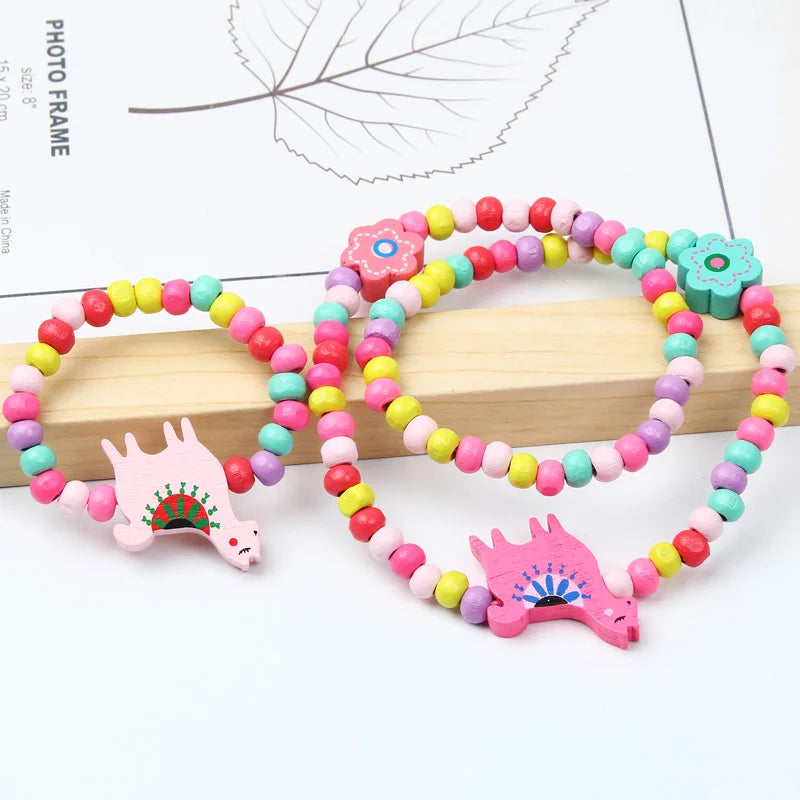 Colorful Cartoon Unicorn Wooden Jewelry Set for Kids Necklace and Bracelet Gifts