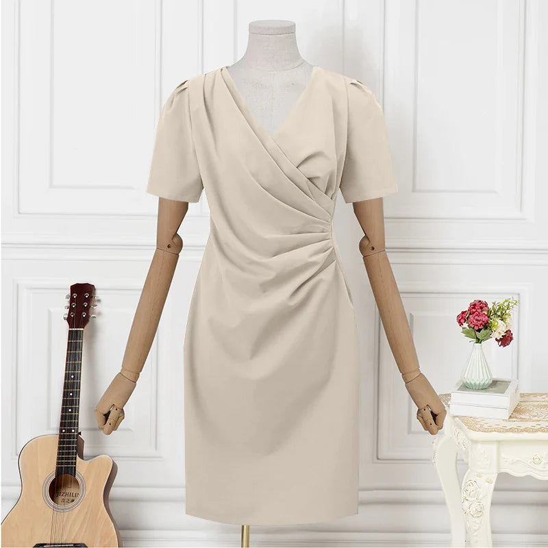 Elegant Women Office Dress V Neck Solid Color Short Sleeve