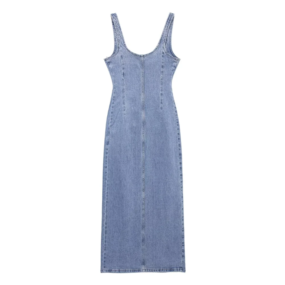 Belted Denim Midi Dress For Women With Cinched Waist