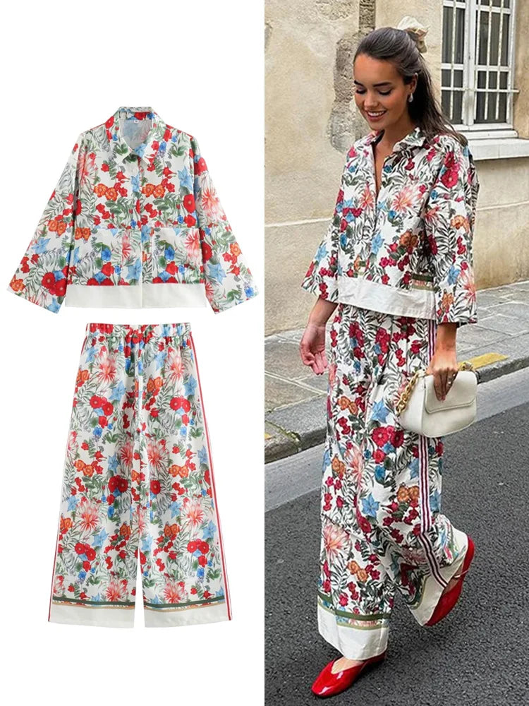 Women's Bohemian Casual Trousers Set with Long Sleeve Shirt and High Waisted Wide Leg Pants