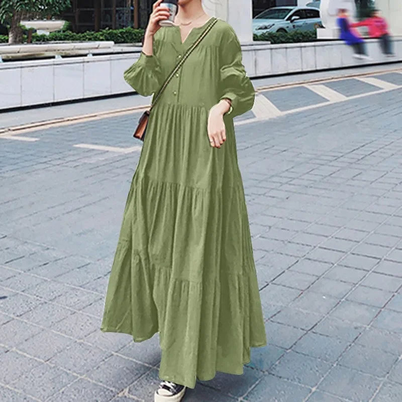 Womens Long Sleeve Swing Dress Cotton Hemp Casual Elegant