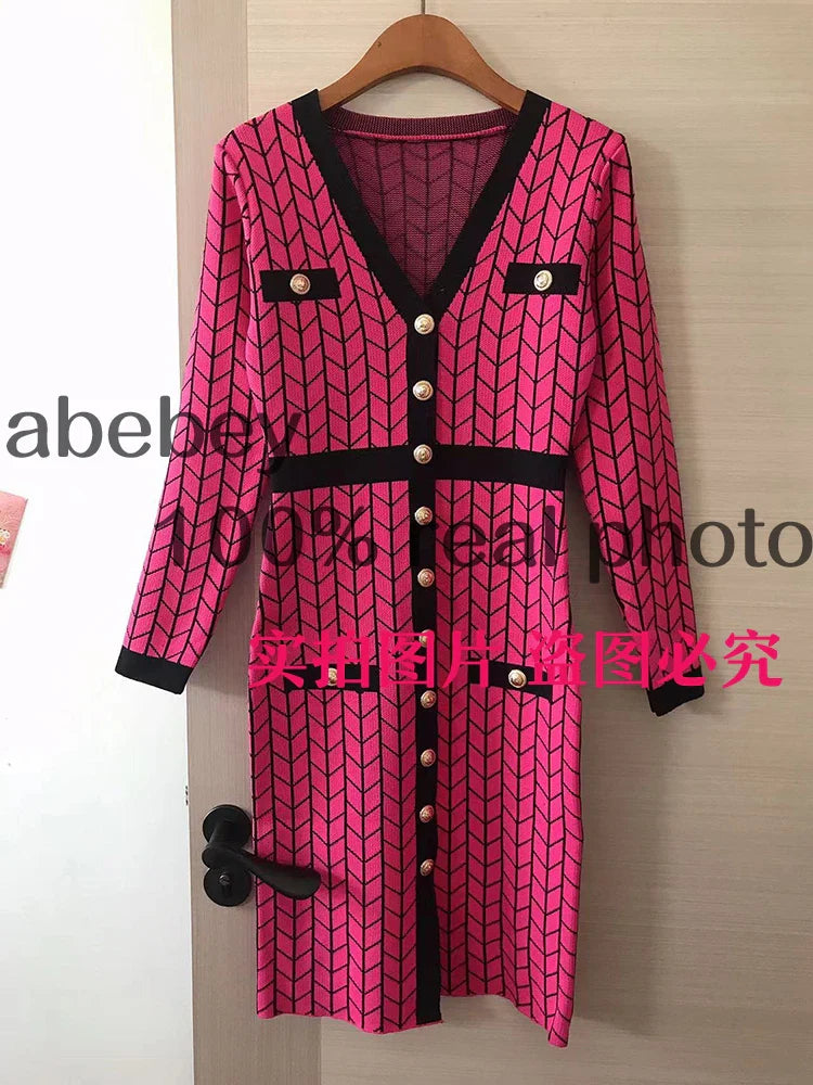 Autumn Plaid Knit Dress Women V Neck Elastic Waist Midi