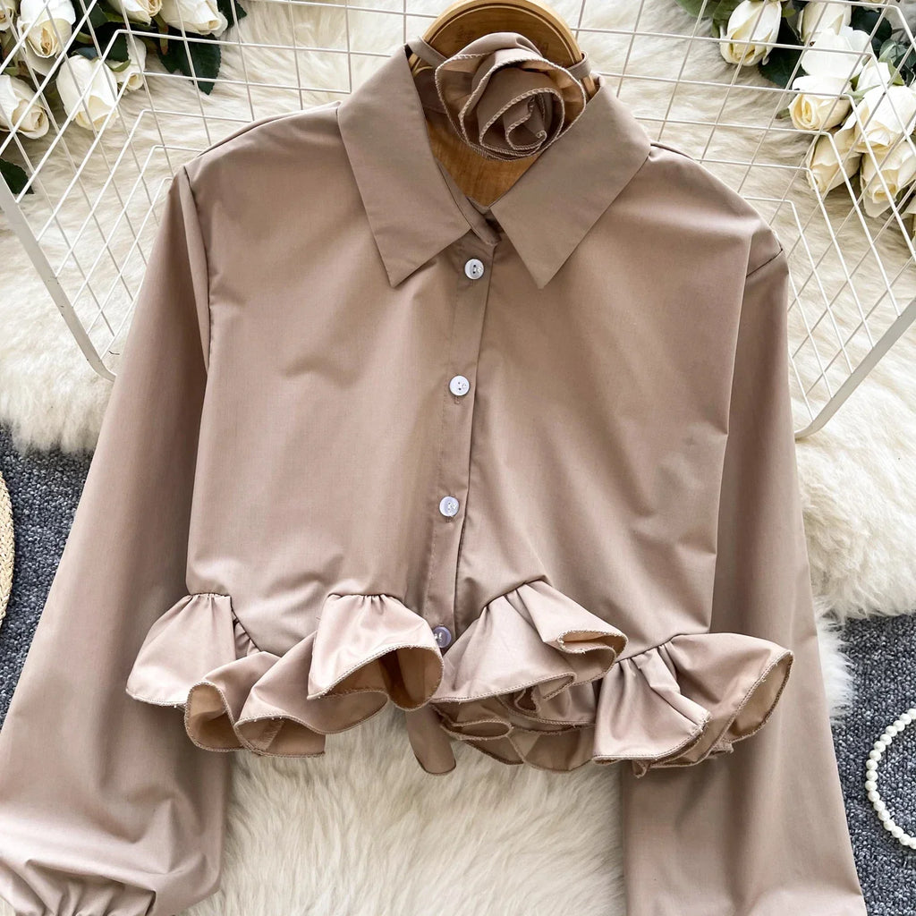 Women's 3D Floral Long Sleeve Blouse Single Breasted Turn-Down Collar Slim Fit Solid Color Shirt