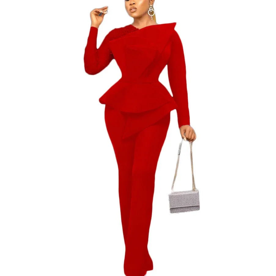 Elegant High Waisted Jumpsuit for Women with Round Neck Beaded Detail and Transparent Sleeves Perfect for Birthday Parties and Special Occasions