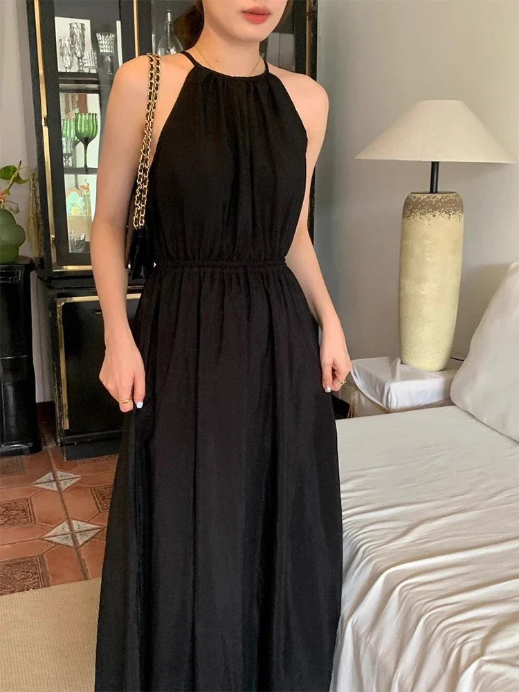 Elegant Y2K Halter Neck Dress Off Shoulder Hollow Waist