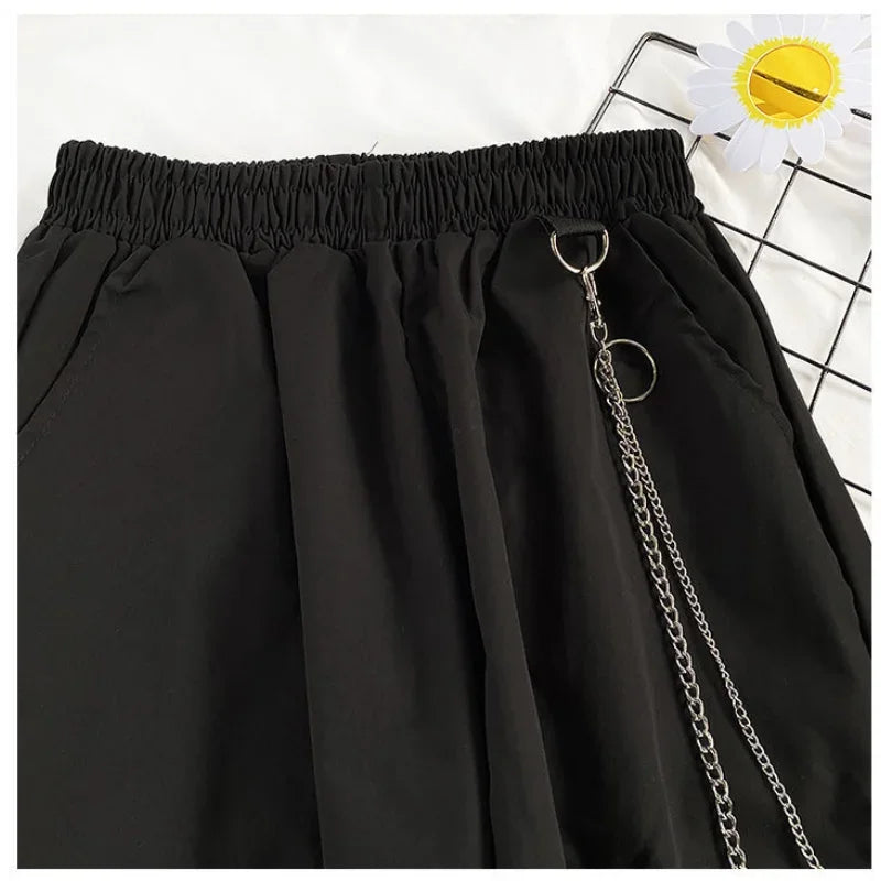 Casual Streetwear Cargo Pants Set with Chain and Harajuku Style Shirt for Women - Two Piece Loose Joggers and Blouse Outfit in Black and White