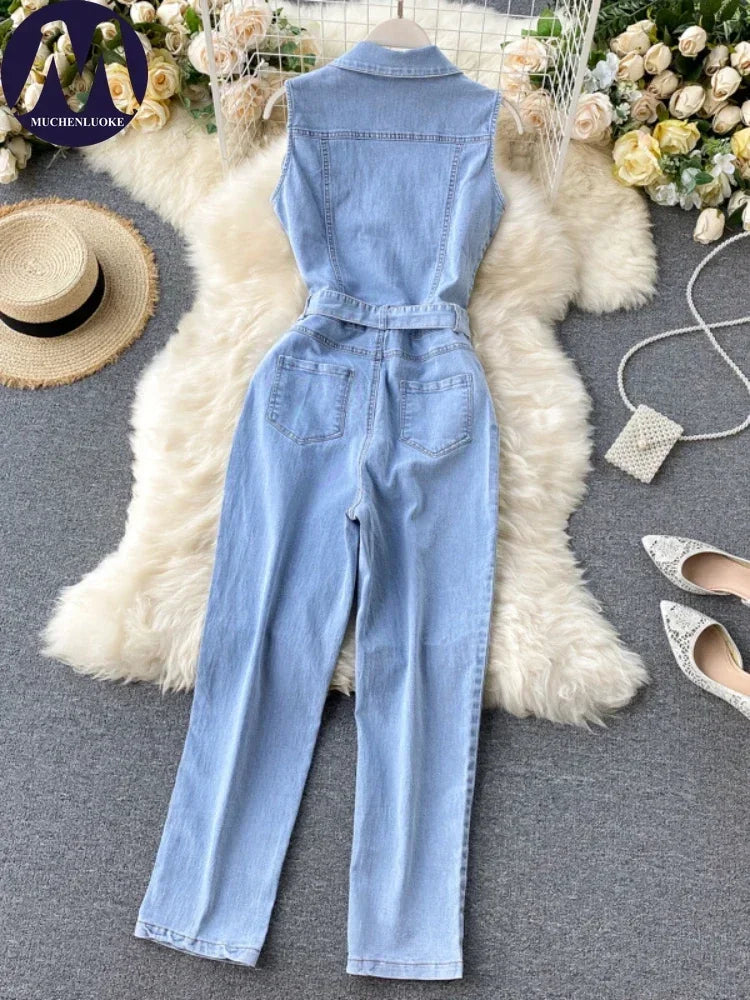 Denim Jumpsuit For Women Sleeveless Lace Up Slim Fit
