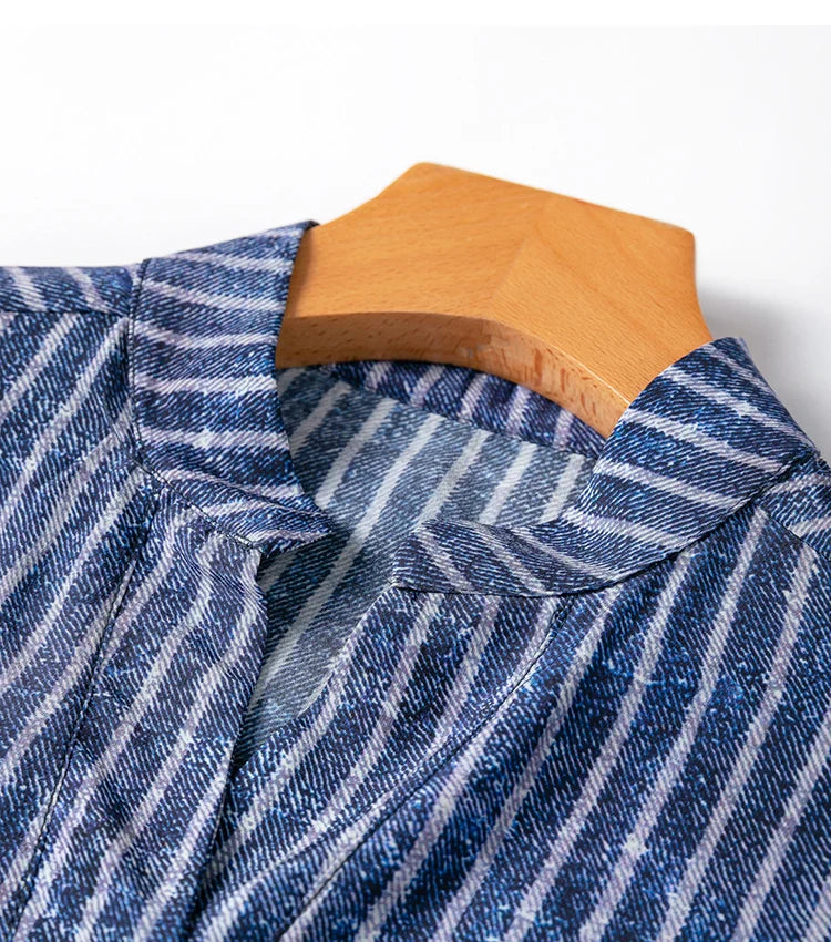 Women 100 Percent Mulberry Crepe Silk Shirt Blue Jeans Stripe Printed Three Quarter Sleeve Pullover Blouse Elegant Office Top in M L XL