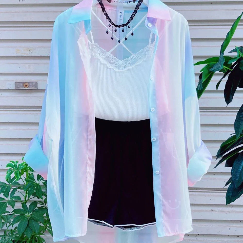 Sheer Long Sleeve Gradient Rainbow Blouse Casual Loose Fit Office Shirt for Women