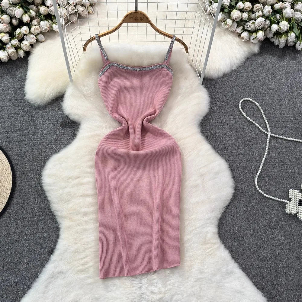 Knit Bodycon Mini Dress With Shimmer Straps For Women