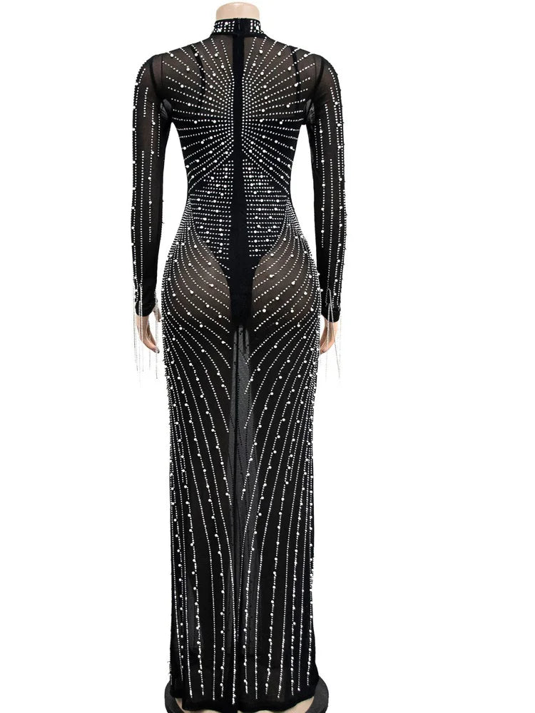 Pearl Rhinestone Mesh Evening Dress For Women Glam Gown