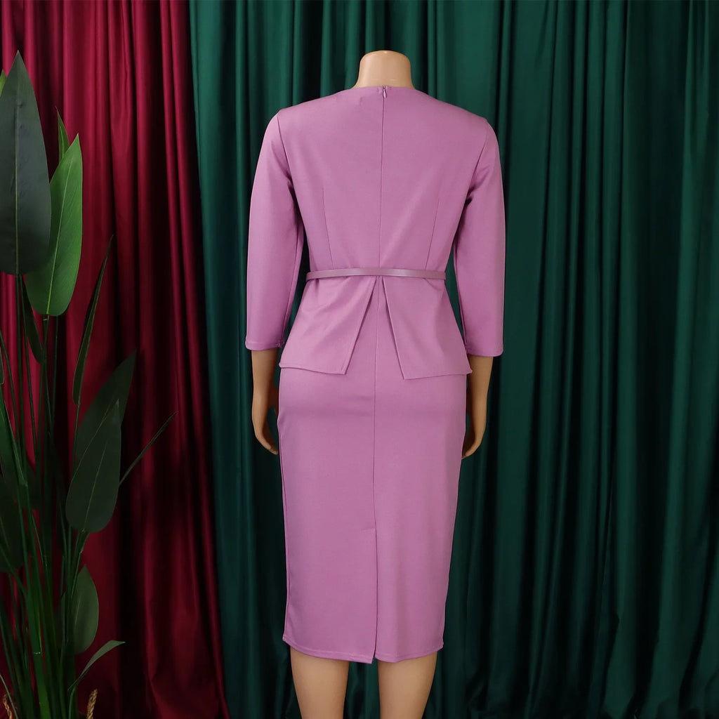 Women's Office Dress Sheath Belted Mid Calf Formal Wear