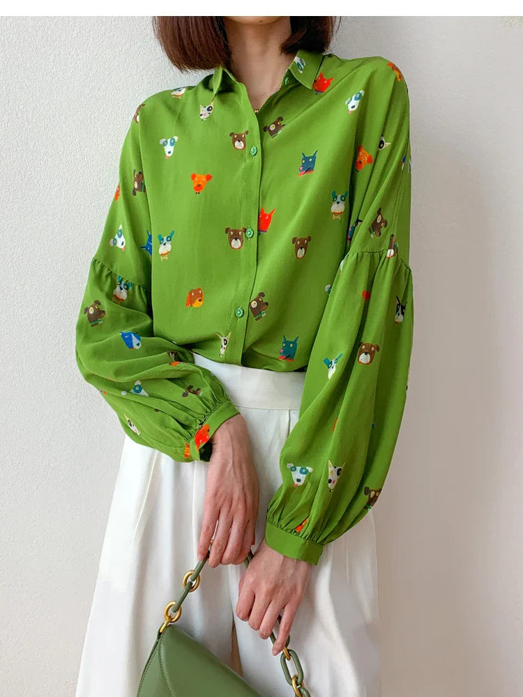 Women Shirt 100 Percent Mulberry Crepe Silk Green Lantern Sleeve Blouse with Cartoon Button Detail