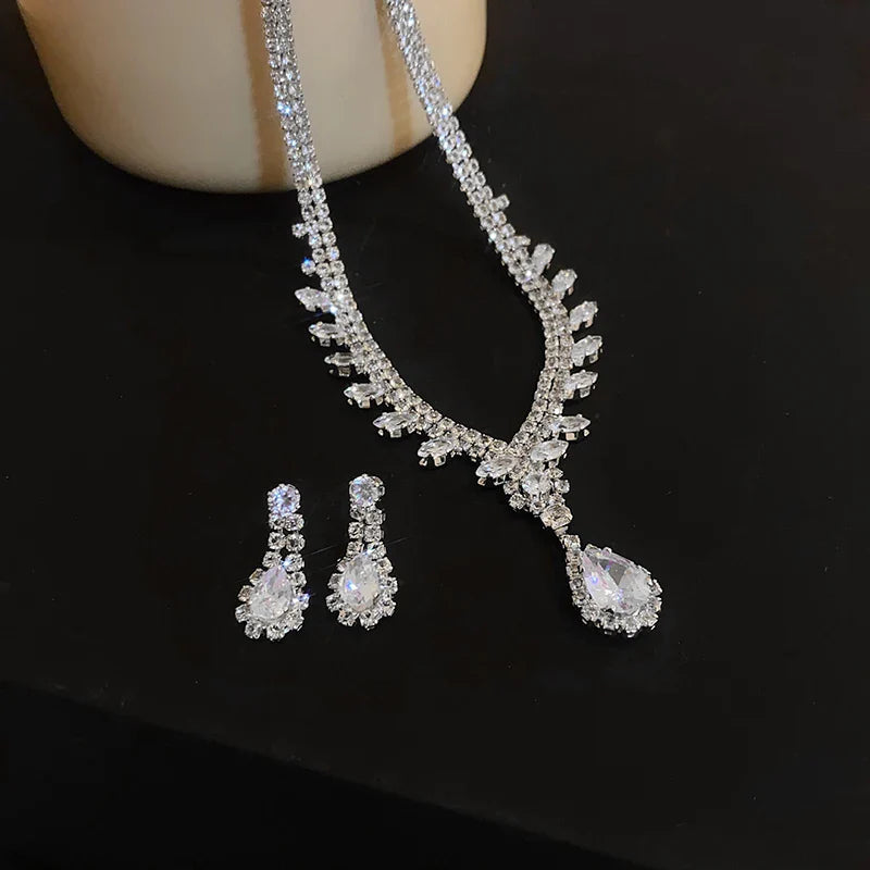 Large Water Drop Rhinestone Necklace and Earrings Set for Women Bridal Wedding Party Jewelry