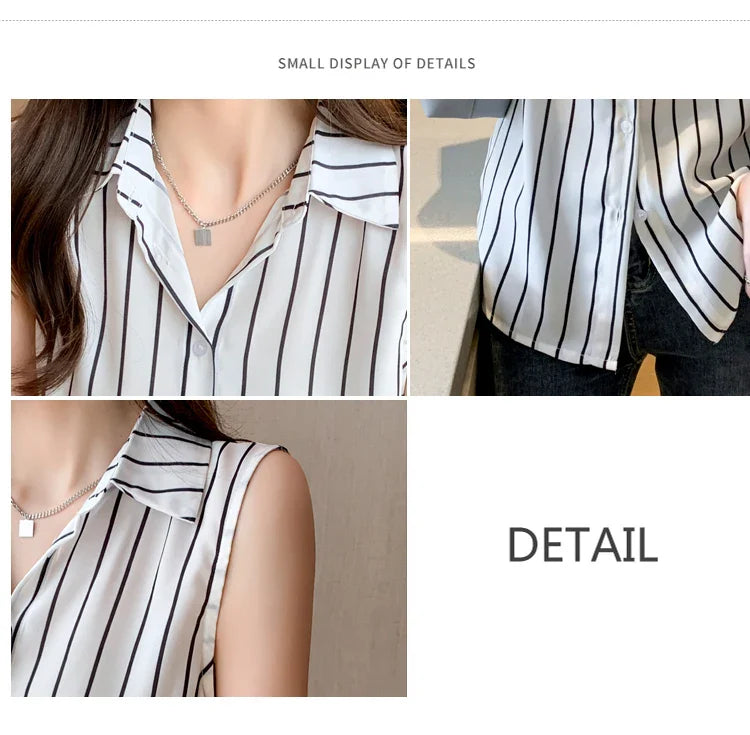 Striped Sleeveless Chiffon Blouse for Women Summer Vest Casual Lightweight Tops Basic White Shirt
