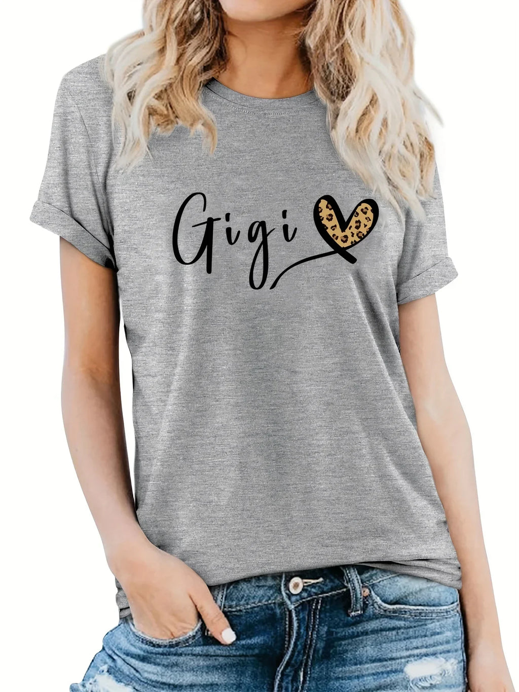 Gigi Letter Heart Print Casual T-Shirt for Women, Crew Neck Short Sleeve Everyday Top