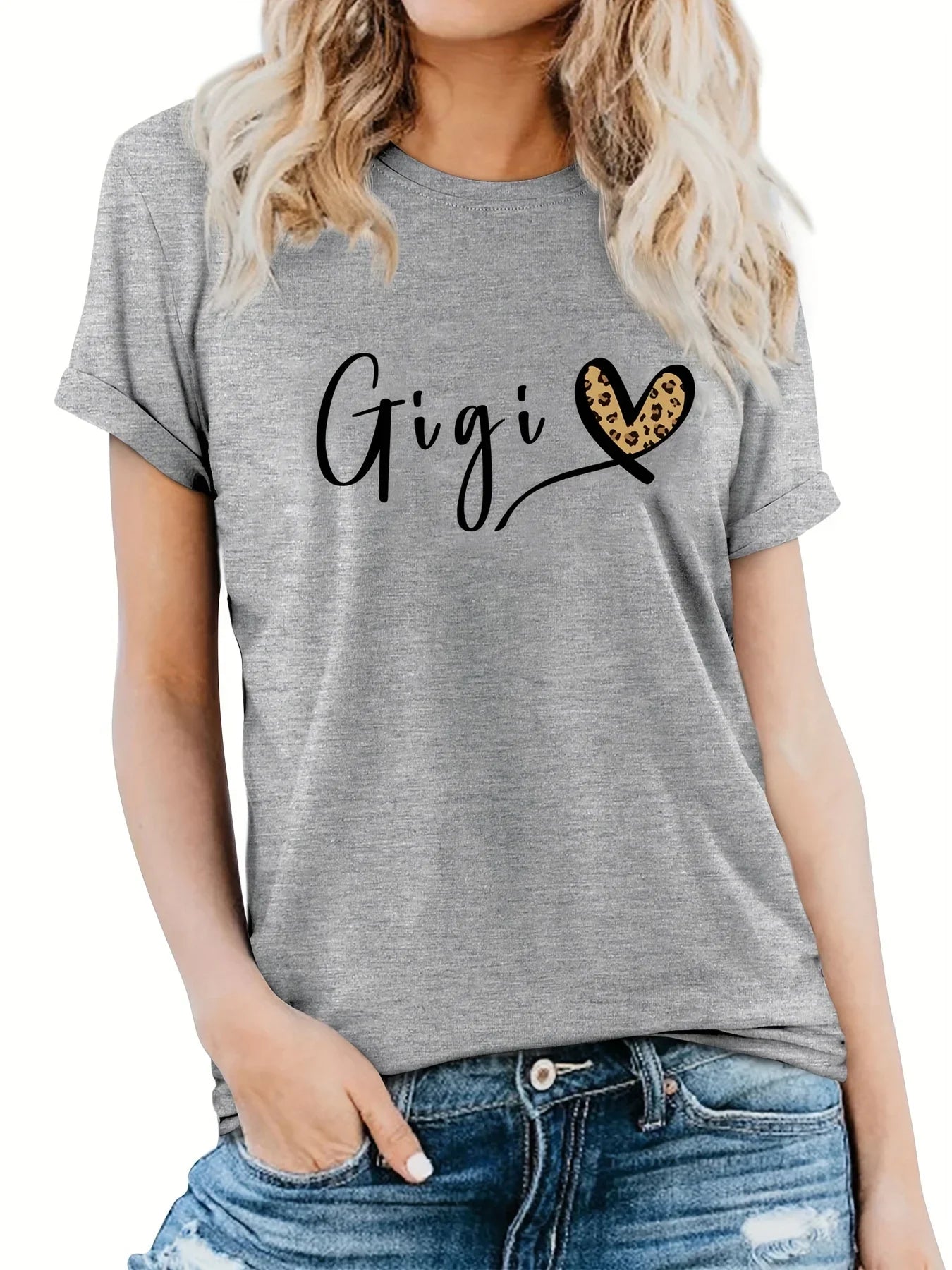 Gigi Letter Heart Print Casual T-Shirt for Women, Crew Neck Short Sleeve Everyday Top