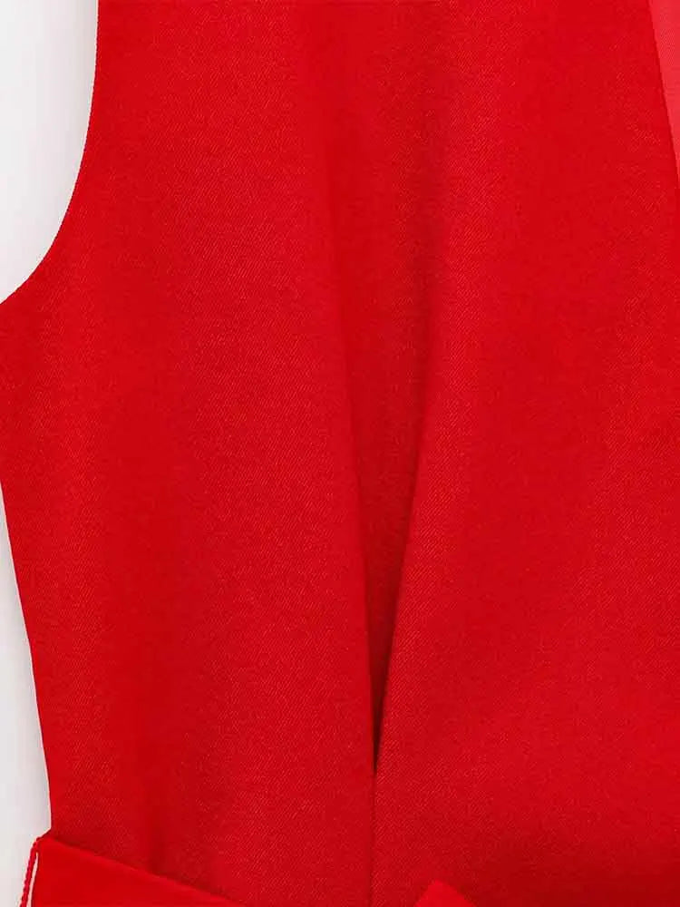 Elegant Red Belted Vest and Flared Pants Suit for Women Stylish and Versatile Two-Piece Outfit with Simple Chic Design