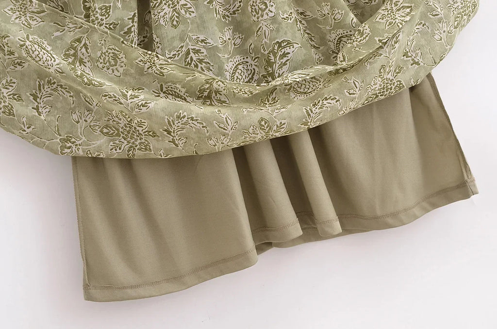 Spring French Design V Neck Printed Cinched Sleeved Dress