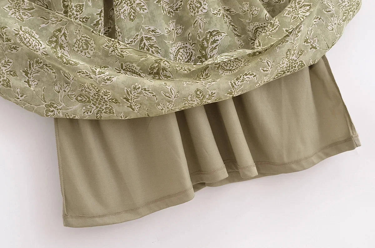 Spring French Design V Neck Printed Cinched Sleeved Dress