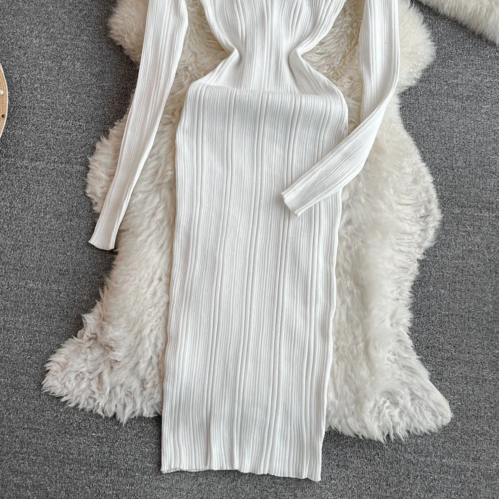 Long Sleeve Knitted Bodycon Dress For Women Autumn Retro