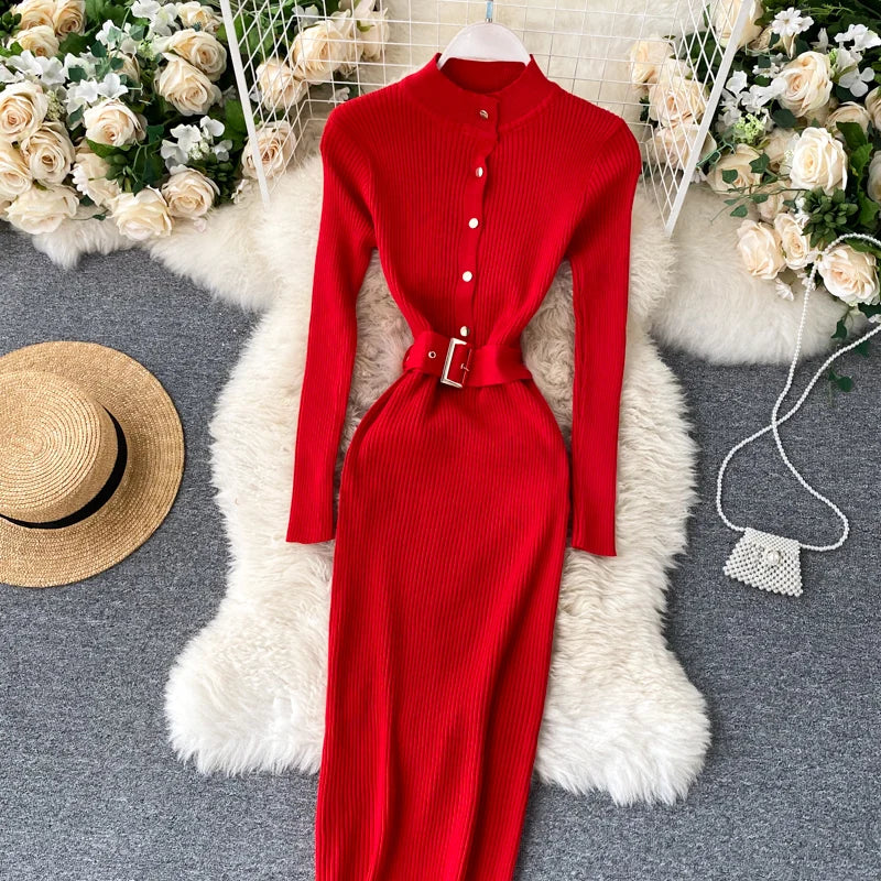 Womens Winter Knitted Dress Stand Collar With Sash Belt