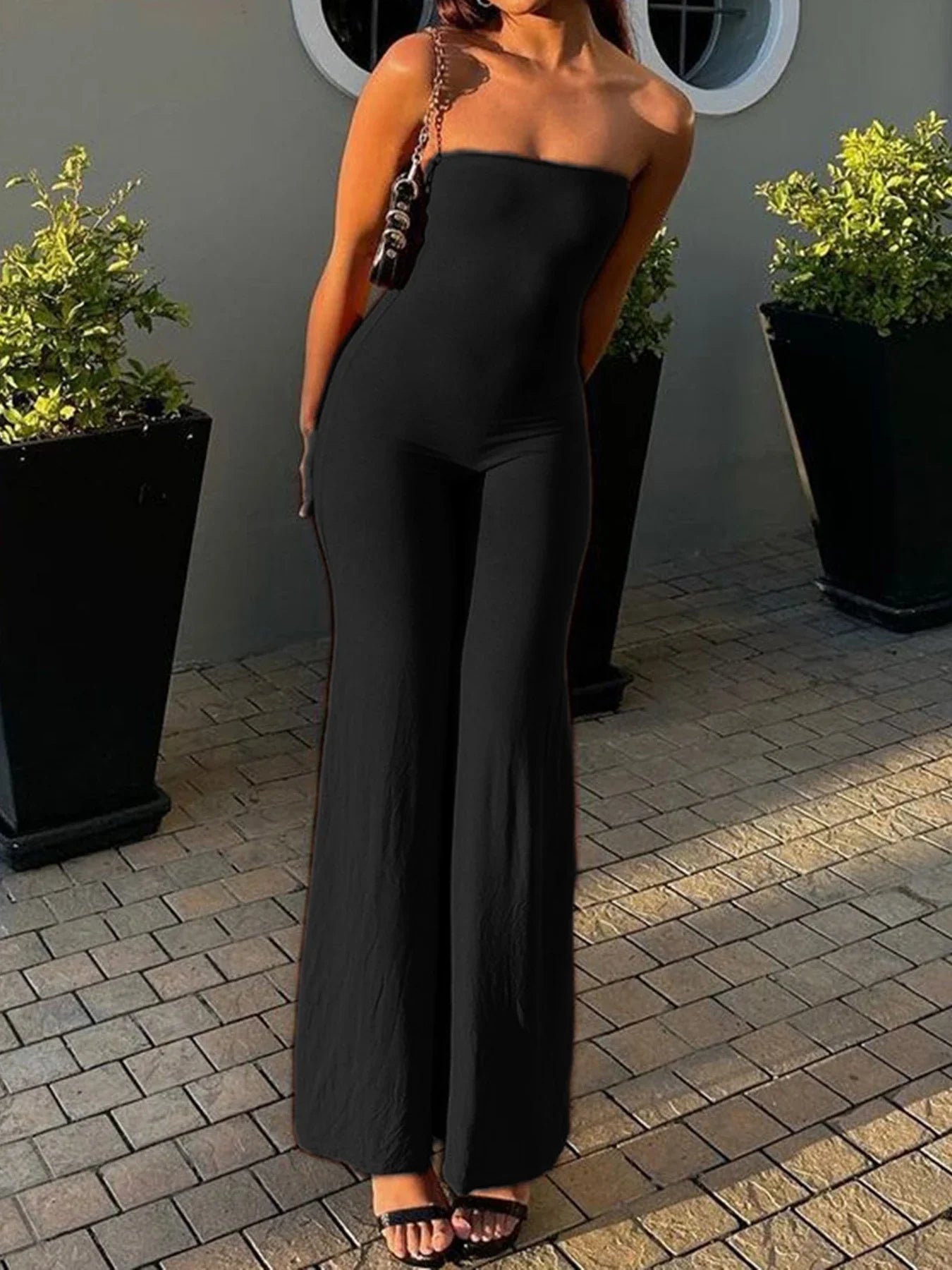Black Strapless Elegant Long Jumpsuit for Women Slim Fit Wide Leg Flared Rompers Stylish Vacation Overalls