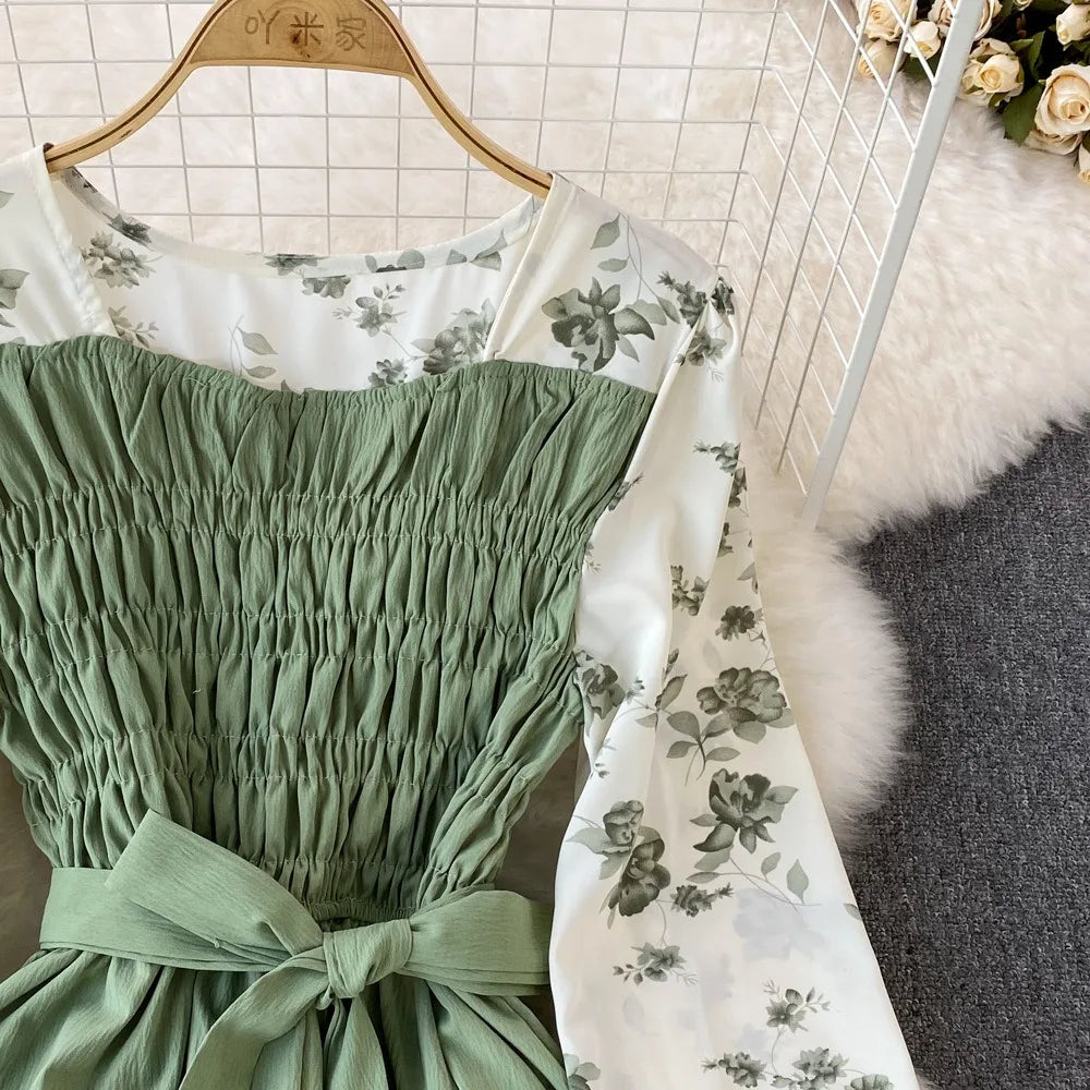 Floral Print Long Sleeve Womens Dress Vintage Bandage Waist