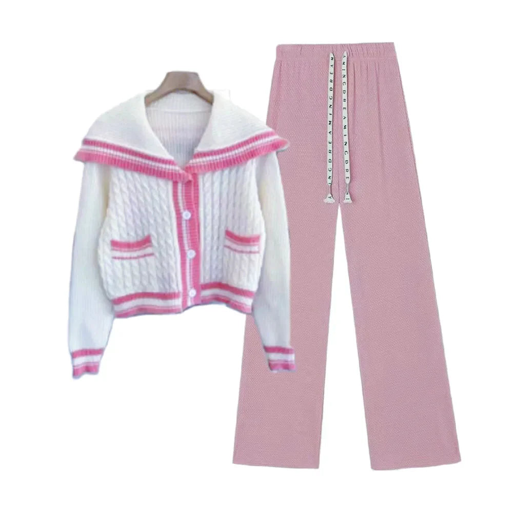 Preppy Style Knitted Two Piece Set with Sailor Collar Sweater and Elastic Pants for Women's Korean Sportswear