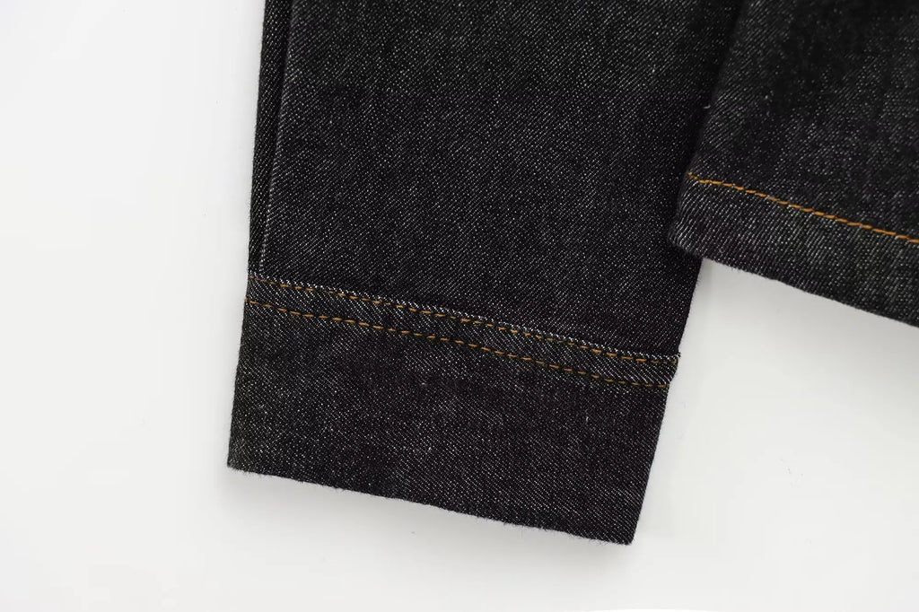 Women Black Denim Pants Set with Fitted Shirt and Patch Pockets Straight Leg Jeans Suit