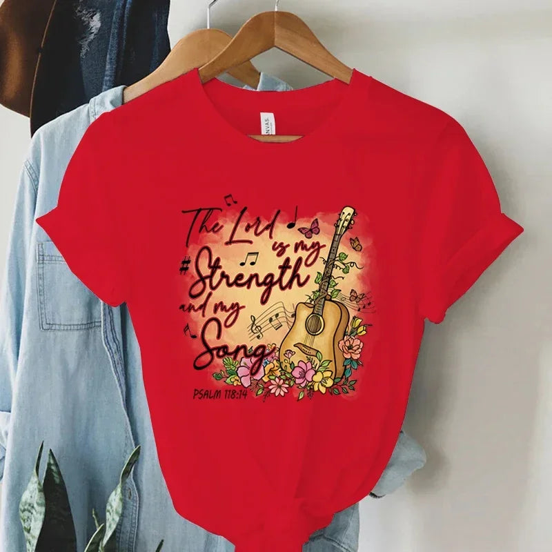 Women Vintage Boho Guitar Print Christian T-Shirt Summer Faith Tee with Bible Verse