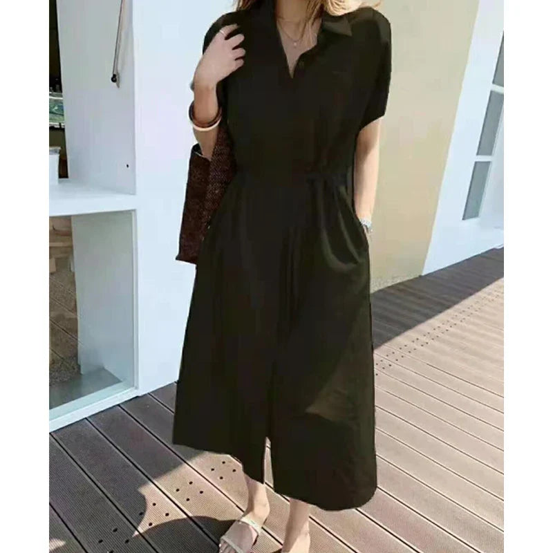 Cotton Linen Shirt Dress for Women High Waist Pocket Lace