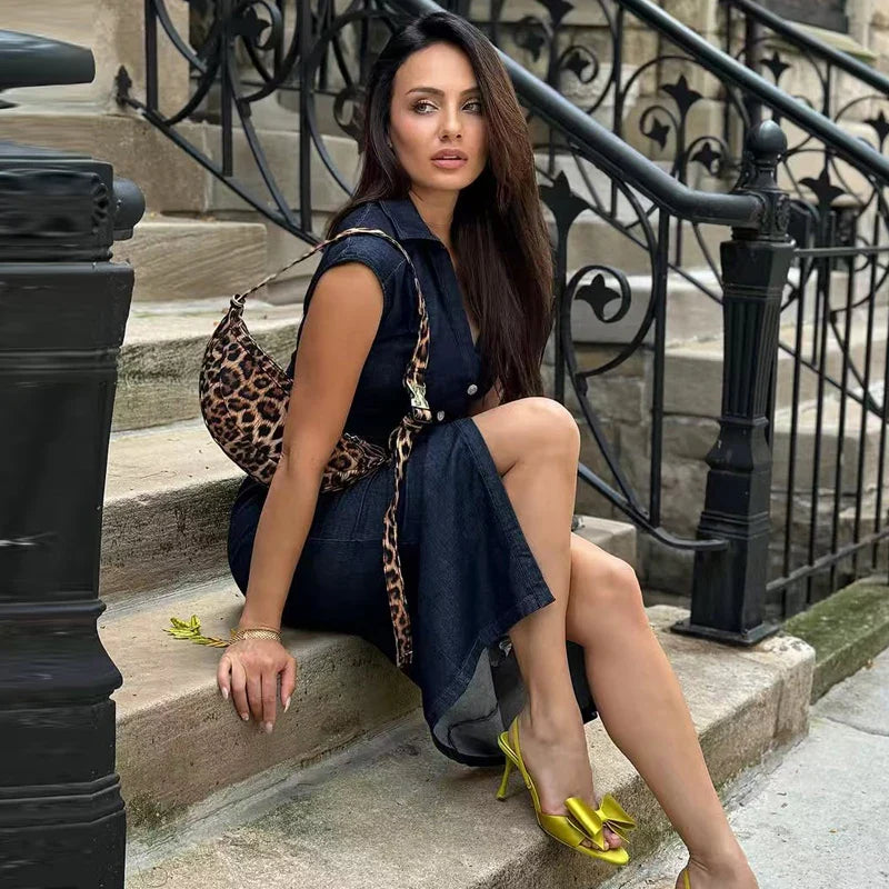 Elegant Blue Midi Dress With Ruffles And Corset Details