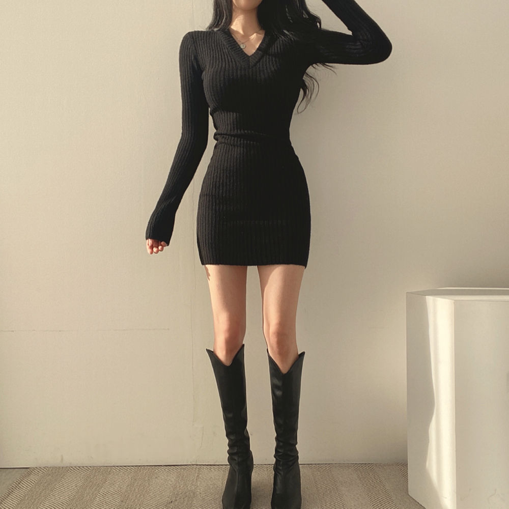 Knit Bodycon Midi Sweater Dress With V Neck For Women