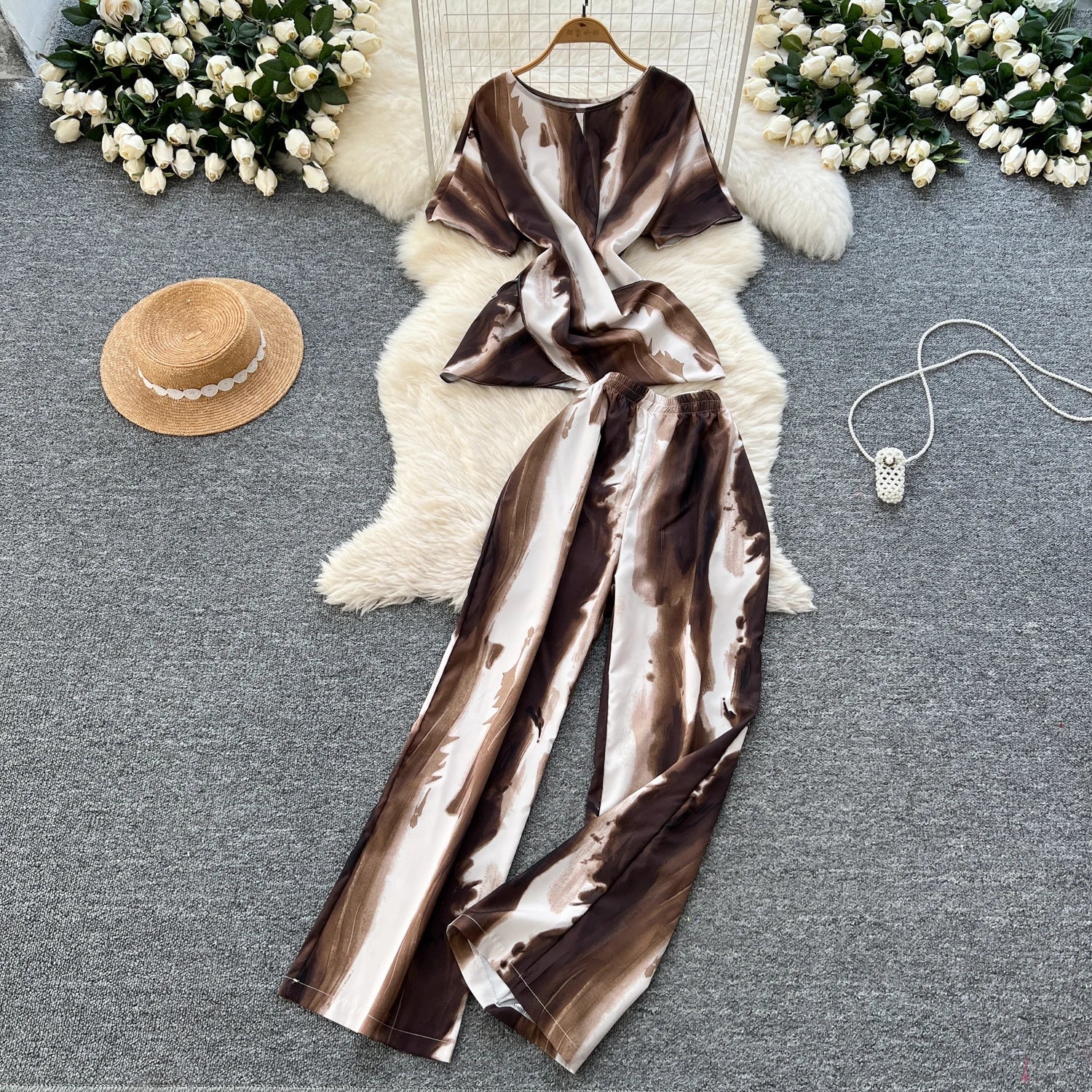 Printed Women Summer Fashion Two Piece Set with Short Sleeve Top and Wide Leg Long Pants for Casual Streetwear Outfits