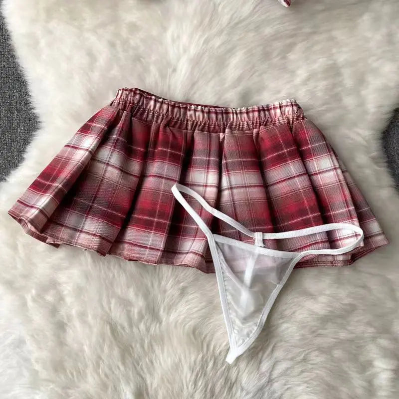 Sexy Schoolgirl Lingerie Set Plaid Necktie Top and Skirt Erotic Cosplay Costume Uniform