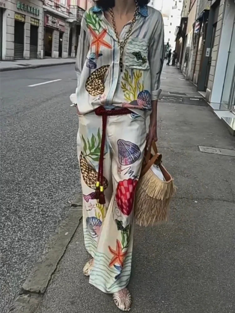 Bohemian Satin Print Two Piece Set for Women with Casual Long Sleeve Shirt and Wide Leg Pants Perfect for Summer Beach Outfits