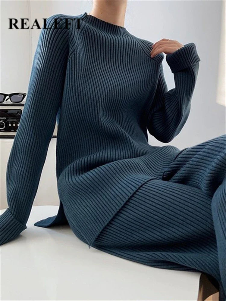 Knitted Tracksuit for Women Autumn Winter Two Piece Set with Half Turtleneck Sweater and Wide Leg Jogging Pants Outfit