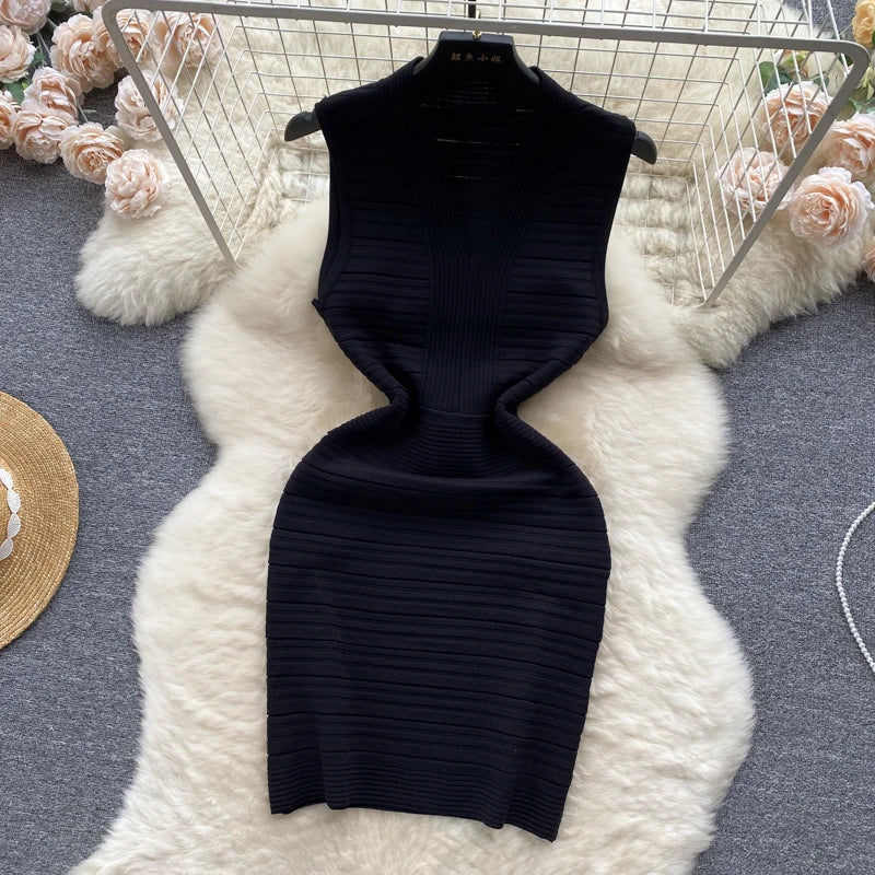 White Knit Tank Dress V Neck Sleeveless Bodycon Wrap Dress