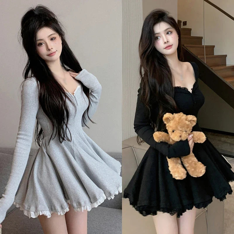 Korean Style Lace Square Collar Dress With Long Sleeves