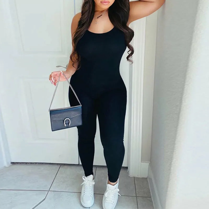 Women's Sleeveless Black Bodycon Jumpsuit Sexy Backless Slim Fit Casual Romper Streetwear Overall