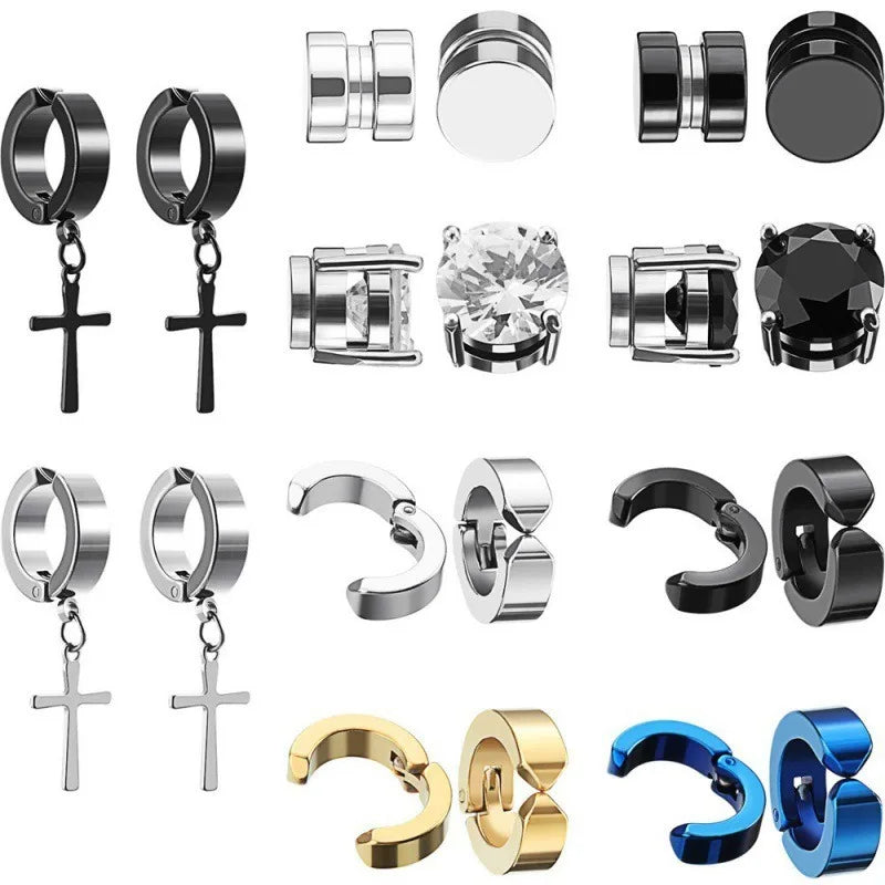 Punk Men's Magnetic Ear Stud Set Non Piercing Earrings Fake Cross Design Gift for Boyfriend