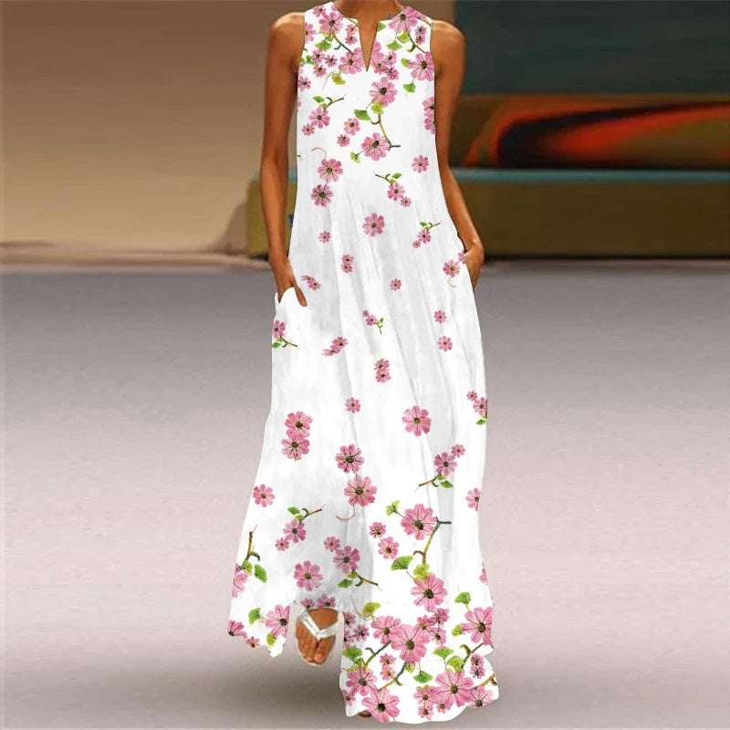 Womens Sleeveless V Neck Printed Maxi Dress For Summer