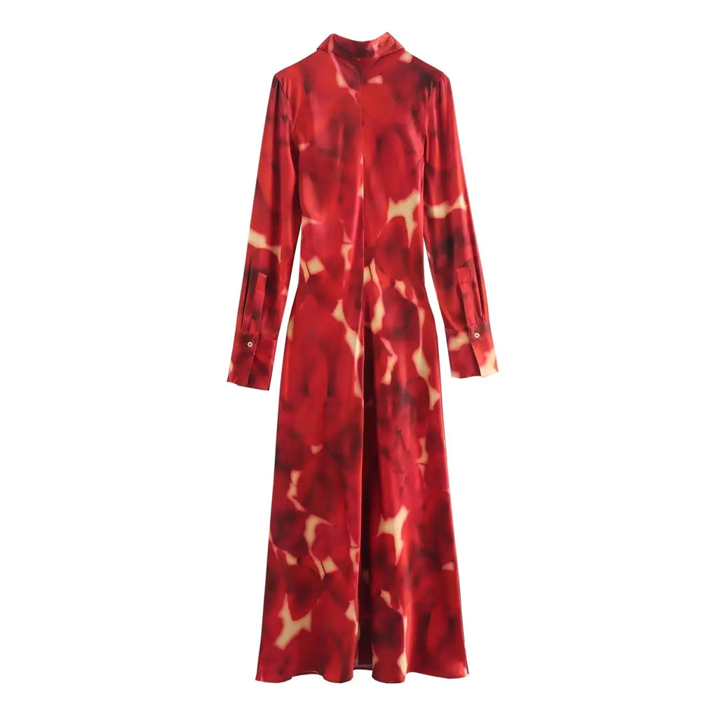 Elegant Printed Silk Satin Dress Autumn Slim Fit For Women