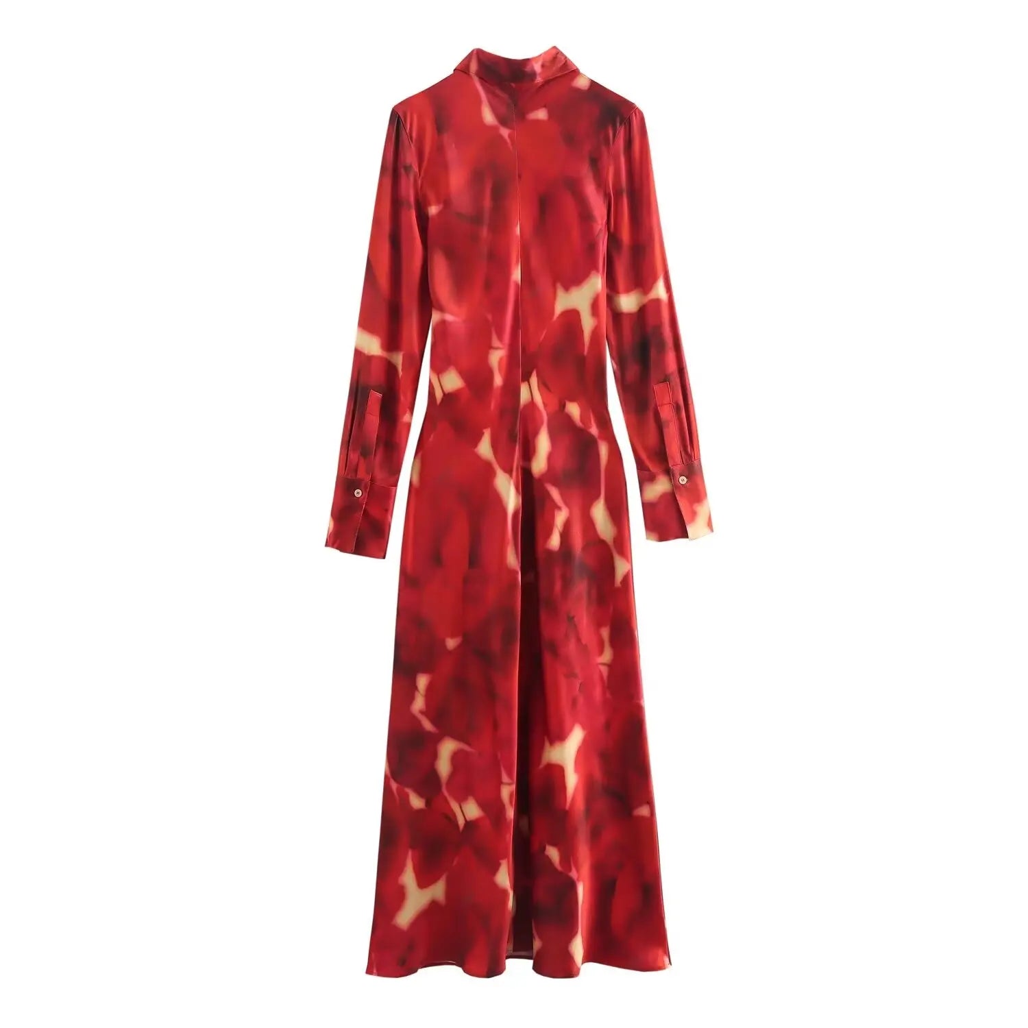 Elegant Printed Silk Satin Dress Autumn Slim Fit For Women